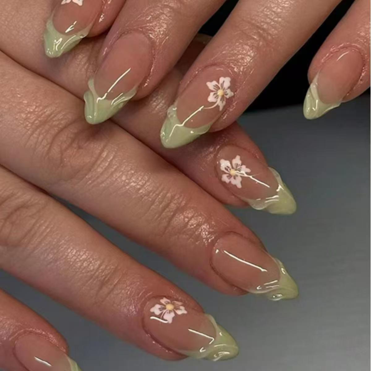 Pressed Flower Art - 24 Uds. De uñas postizas francesas